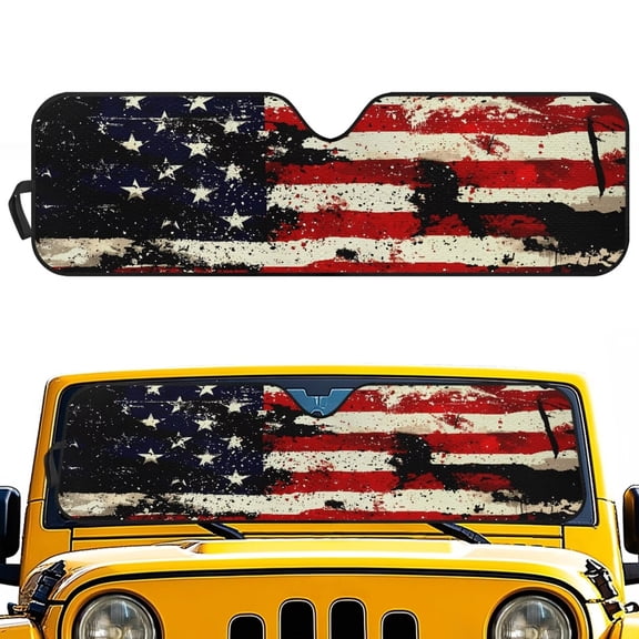HUIACONG Windshield Sun Shade for Jeep Wrangler JK JKU JL JLU1997-2024,Window Sun Visor for UV Rays & Heat Protection,US Flag Windshield Sunshade