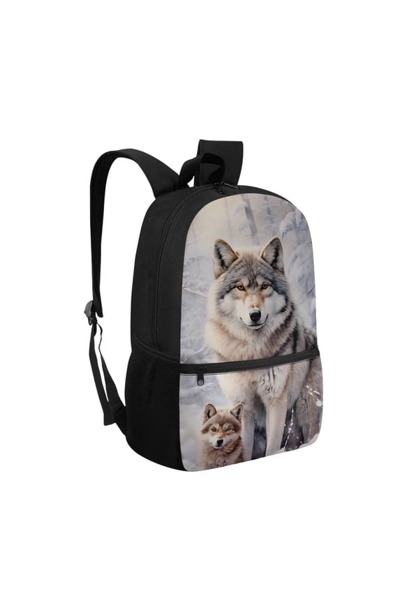 Winter Wolf Print School Backpack for Age 6-18 Unisex Large Capacity Water Resistant Book Bag for Elementary Middle High School Students Daily Use Travel