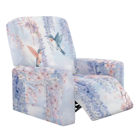 HUIACONG Wisteria Hummingbird Print 4-Piece Recliner Chair Slipcovers, Side Pockets Full Elastic Edges Wrinkle, Washable No Tools Needed Furniture Protector for Living Room