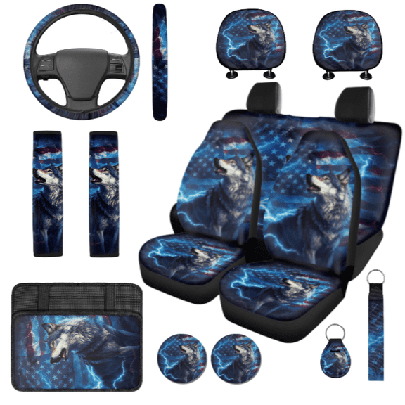 HUIACONG Wolf American Flag Lightning Print Car Interior Accessory Kit, with Key Fob Auto Console Cushion, Compatible with Cars Truck
