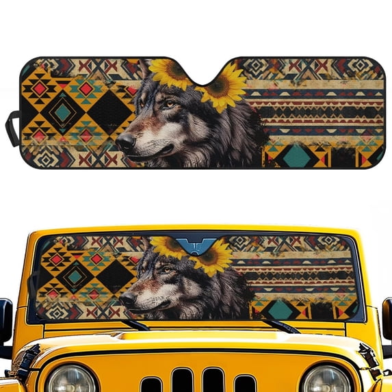 HUIACONG Wolf Brown Aztec Sun Shade Windshield Compatible with Wrangler JK JKU TJ 1997-2018, Foldable Windshield Sunshade Sun Visor Blocks UV Rays