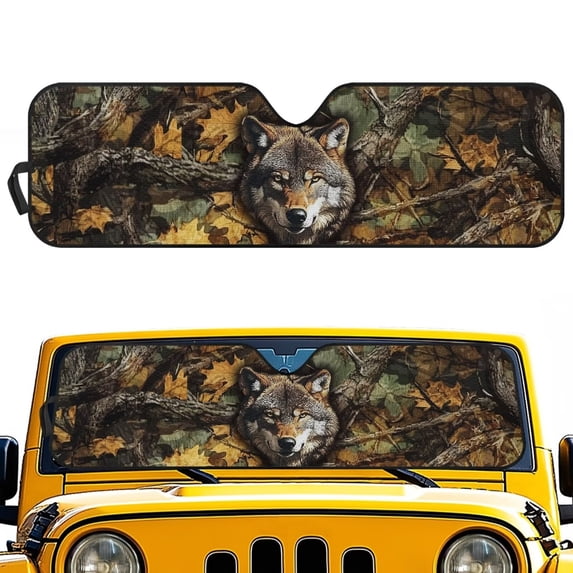 HUIACONG Wolf Camo Windshield Sunshade, Sun Visor for UV Rays & Heat Protection, Suitable for Wrangler, Compass, Gladiator & Renegade , for Jeep Wrangler | X-Small - 60x21 inches