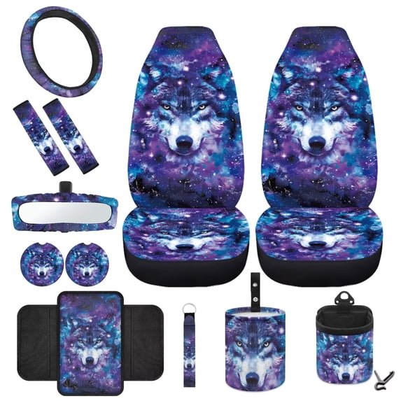 HUIACONG Wolf Print Car Seat Protector Full Set 12 Pcs Anti-Slip Car Wheel Protector Fashionable Auto Seat Belt Cover Trash Can for Car Car Storage Box Car Coasters Universal Fit Car Accessories