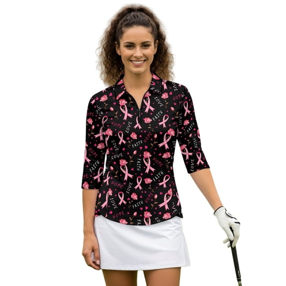 HUIACONG Women Golf Polo Shirts with Awareness Ribbon Pattern, 3/4 Sleeve Athletic Polo for Golf and Tennis Enthusiasts, Quick Dry Polyester Spandex Fabric