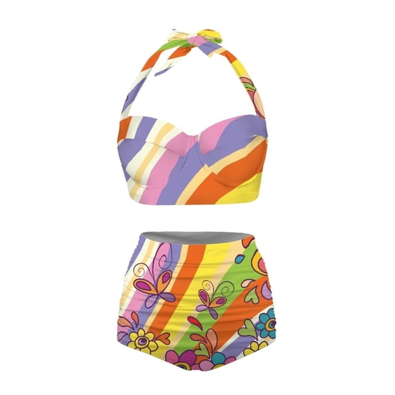 HUIACONG Women Hippie Tribal Floral Butterfly Print High Waisted Bathing Suits Two Piece Sexy Halter Bikini Ruched Tummy Control Swimsuit-XL
