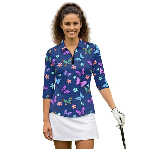 HUIACONG Women Tennis Polo with Colorful Butterfly Floral Print, Tennis Activewear Breathable Polyester Spandex Fabric for Outing and Tennis Enthusiasts
