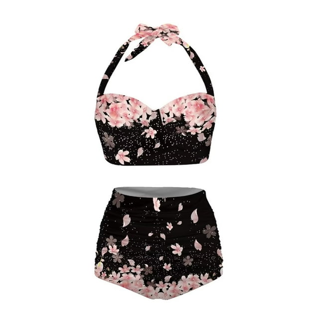 HUIACONG Women Two Piece Cherry Blossom Swimsuit High Waisted Bathing Suits Floral Print High Waisted Bikini Swimwear Set-XS-4