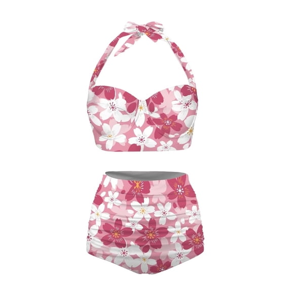 HUIACONG Women's Floral Print Tummy Control Swimsuit Two Piece Cherry Blossom Bikini Sexy Halter High Waisted Bathing Suits-L