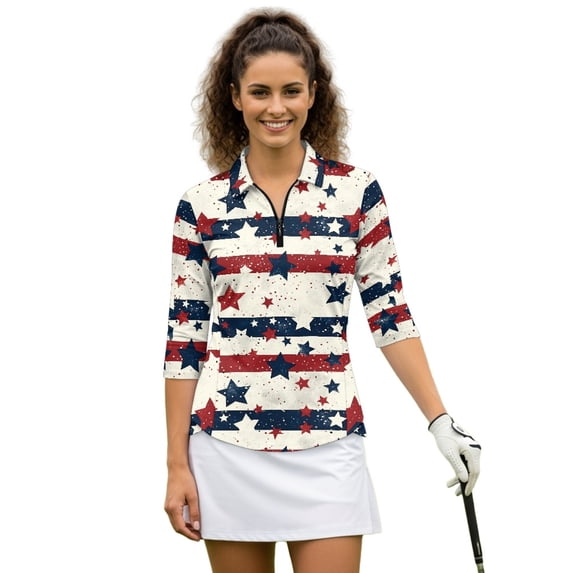 HUIACONG Women's Golf Polo Shirts for Golf and Outdoor Activities, Polyester Spandex Blend Breathable 3/4 Sleeve Golf Top, 4th of July Patriotic Print