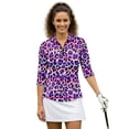 thumbnail image 1 of HUIACONG Women's Golf Polo Shirts for Sports Golf Outdoor Activities, Polyester Spandex Fabric Quick Dry Fashionable 3/4 Sleeve Ladies , Purple Leopard Stripe, 1 of 10