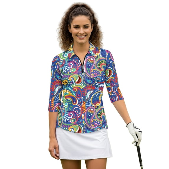 HUIACONG Women's Golf Polo Shirts for Sports Outdoor Activities, Polyester Spandex Fabric Quick Drying 3/4 Sleeve Quarter Zip Golf Top, Colorful Abstract Pattern