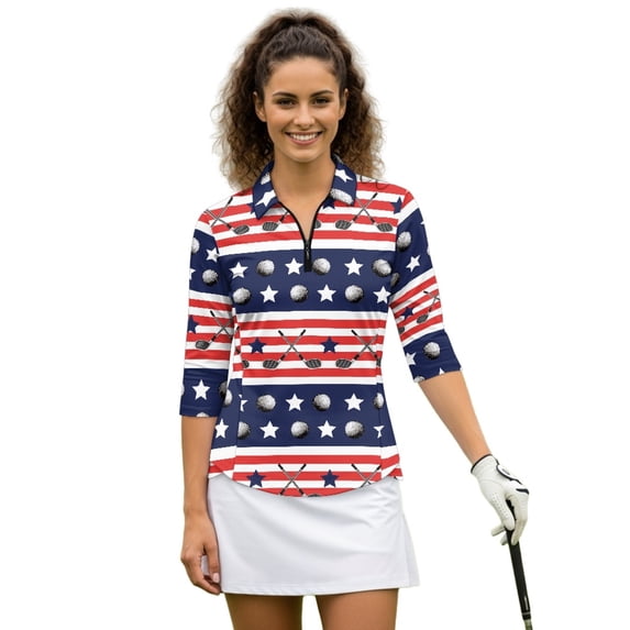 HUIACONG Women's Golf Polo Shirts with Patriotic Golf Pattern, 3/4 Sleeve Breathable Athletic Tops for Golf and Tennis Enthusiasts