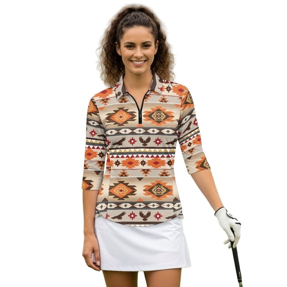 HUIACONG Women's Golf Polo Shirts with Pattern, 3/4 Sleeve Quick Dry Top for Outdoor Sports and Tennis Enthusiasts