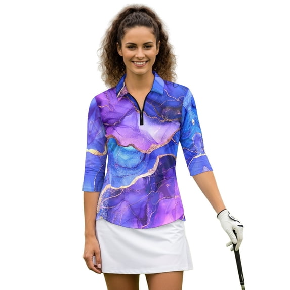 HUIACONG Women's Golf Polo Shirts with Purple Blue Marble, 3/4 Sleeve Quarter Zip Top for Golf, Tennis, Sports Training and Casual Outdoor Activities