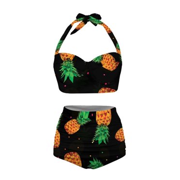 HUIACONG Women's Tropical Bikini Two Piece Gold Pineapple Print High Waisted Bathing Suit Tummy Control Swimwear-XL