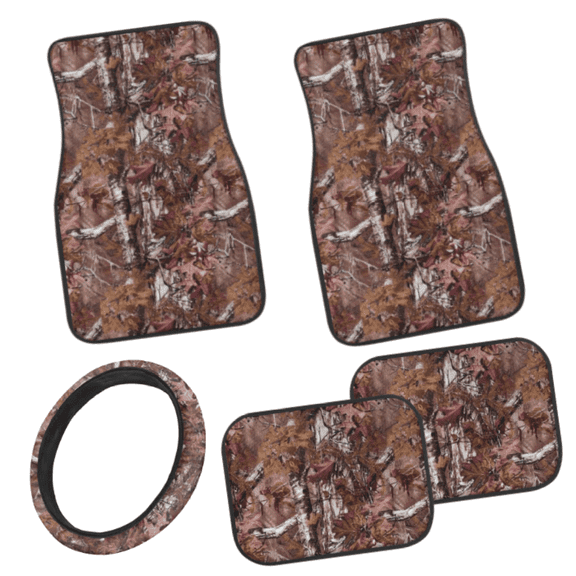 HUIACONG Woodland Tree Camouflage Pattern Auto Floor Protection Mats with Steering Wheel Covers, 5 Pcs Anti Slip Stain Resistant for SUV Sedan Truck