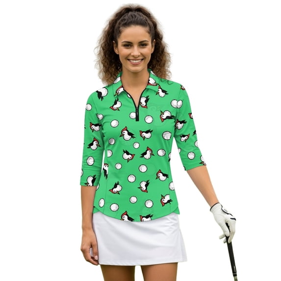 HUIACONG Woodpecker Golf Ball Pattern Women's 3/4 Sleeve Athletic Golf Shirts Quarter Zip Polyester Spandex with Soft Tennis Tops for Ladies