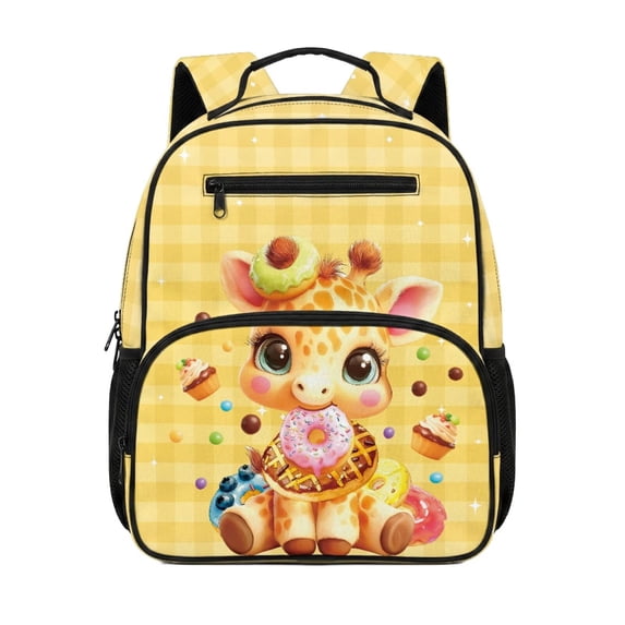 HUIACONG Yellow Giraffe Donut Print Kids Backpack 13.5 Inch Lightweight Water Resistant School Bag with Multi Pockets Breathable Padded Adjustable Straps for Boys Girls Ages 3-10 Travel Bookbag
