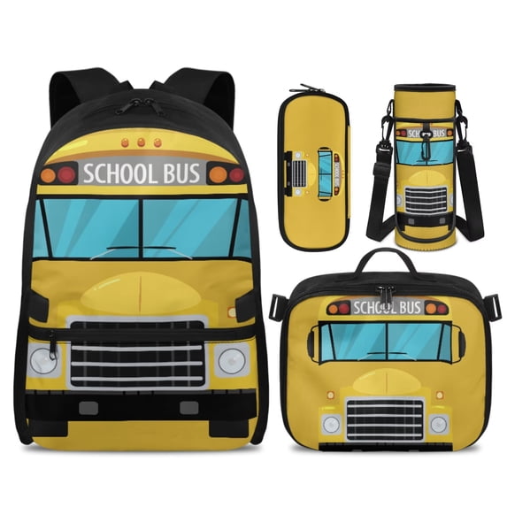 HUIACONG Yellow School Bus Backpack Set 4-IN-1 for 10-14 Years Boys Girls Lightweight Portable School Backpack Detachable Lunch Box Pencil Case Water Bottle Holder