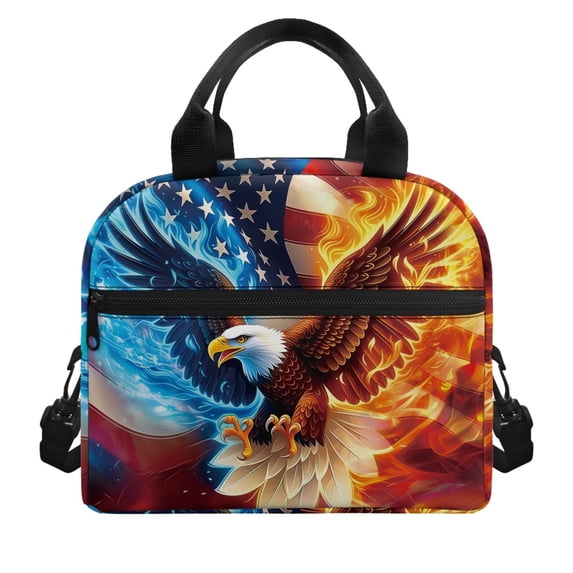 HUIACONG Zipper Lunch Tote with Flag Eagle Print, Lunch Cooler Bag Made of Durable Aluminum Film Material, Lightweight for Daily Travel and Office Use