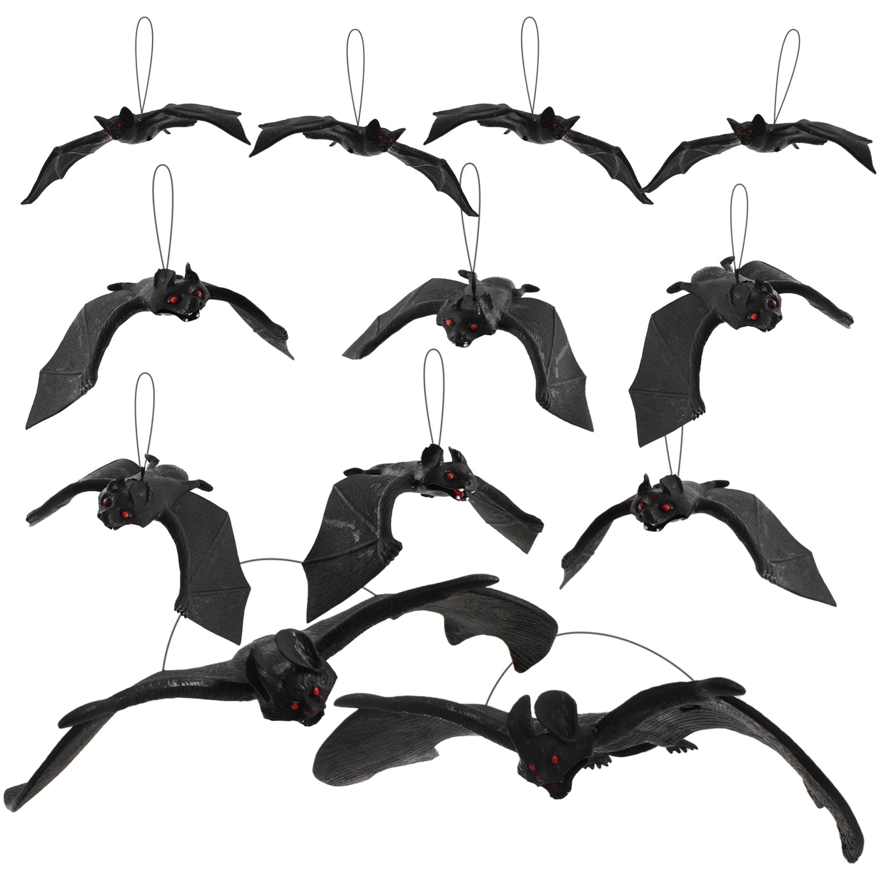 HUIANER 12Pcs Hanging Bats Halloween Decorations, Realistic Spooky Looking Bats, Black Fake Rubber Bats 3 Kinds Different Sizes for Halloween Party Supplies