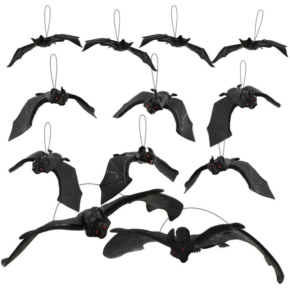 HUIANER 12Pcs Hanging Bats Halloween Decorations, Realistic Spooky Looking Bats, Black Fake Rubber Bats 3 Kinds Different Sizes for Halloween Party Supplies