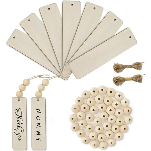 HUIANER 20Pcs Wooden Tags for Crafts with Holes and 50pcs DIY Wooden Craft Beads for Wooden Blank Hanging Tags with Ropes Wedding Christmas Decoration