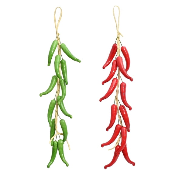 HUIANER 2Pcs 2 Colors Artificial Hanging Pepper String Foam Simulation Hot Chili Vegetable Food Hanging Garland Ornament for Home Kitchen Farm Party Wall Decorations Photography Red Green