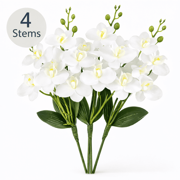 HUIANER 4Pcs Artificial Flowers White Orchid Flower Phalaenopsis Orchid, Realistic Touch Faux Orchid Plant, 15"