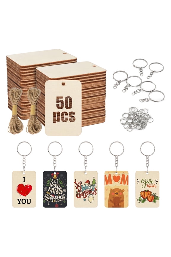 50Pcs Rectangle Shaped Unfinished Wooden Blank Tags, 50 pieces of keyring Set, DIY and Craft