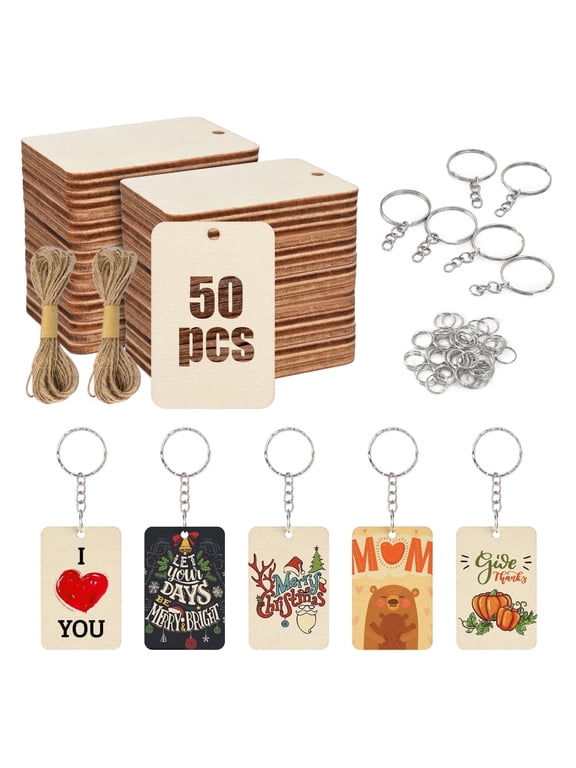 50 Pcs Blank Wooden Tags, DIY Craft Keychain Set with Rings & Rope