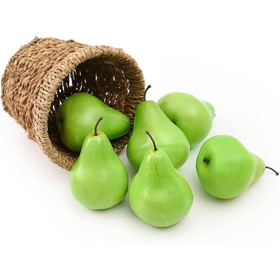 HUIANER 6 Pack Artificial Green Pears, Realistic Fake Fruit for Home Kitchen Fall Table Decor