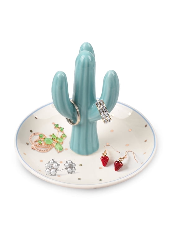 Cactus Ring Holder Dish Jewellery Dish, with Gold Foil Polka Dots, 5x4 inches