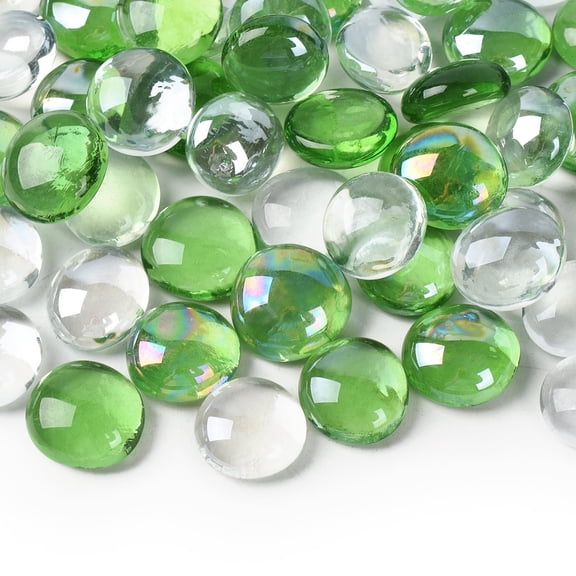 HUIANER 100Pcs Decorative Flat Glass Marbles 17-19mm Rock Vase Filler Mixed Color for Fish Tank Table Scatter Decor(Transparent, Dark green, Light green)