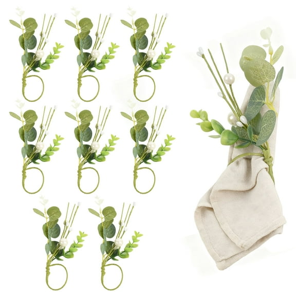 HUIANER 8Pcs Eucalyptus Leaf Napkin Rings with Floral Artificial Green Leaf, Rustic Boho Napkin Ring Holder for Wedding New Year Banquet Birthday Party