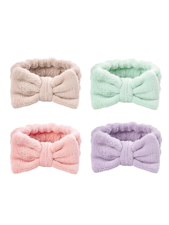 4Pcs Spa Headbands ,Colourful Bow Coral Fleece Makeup Headband for Women Washing Face(Solid color)