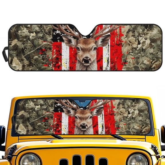 HUIAOCNG American Flag Deer Windshield Sunshade for Wrangler TJ JK Windshield Sunshade Visor Mat for Jeep Wrangler TJ JK JKU 1996-2018 Sun Shade Screen Accessories