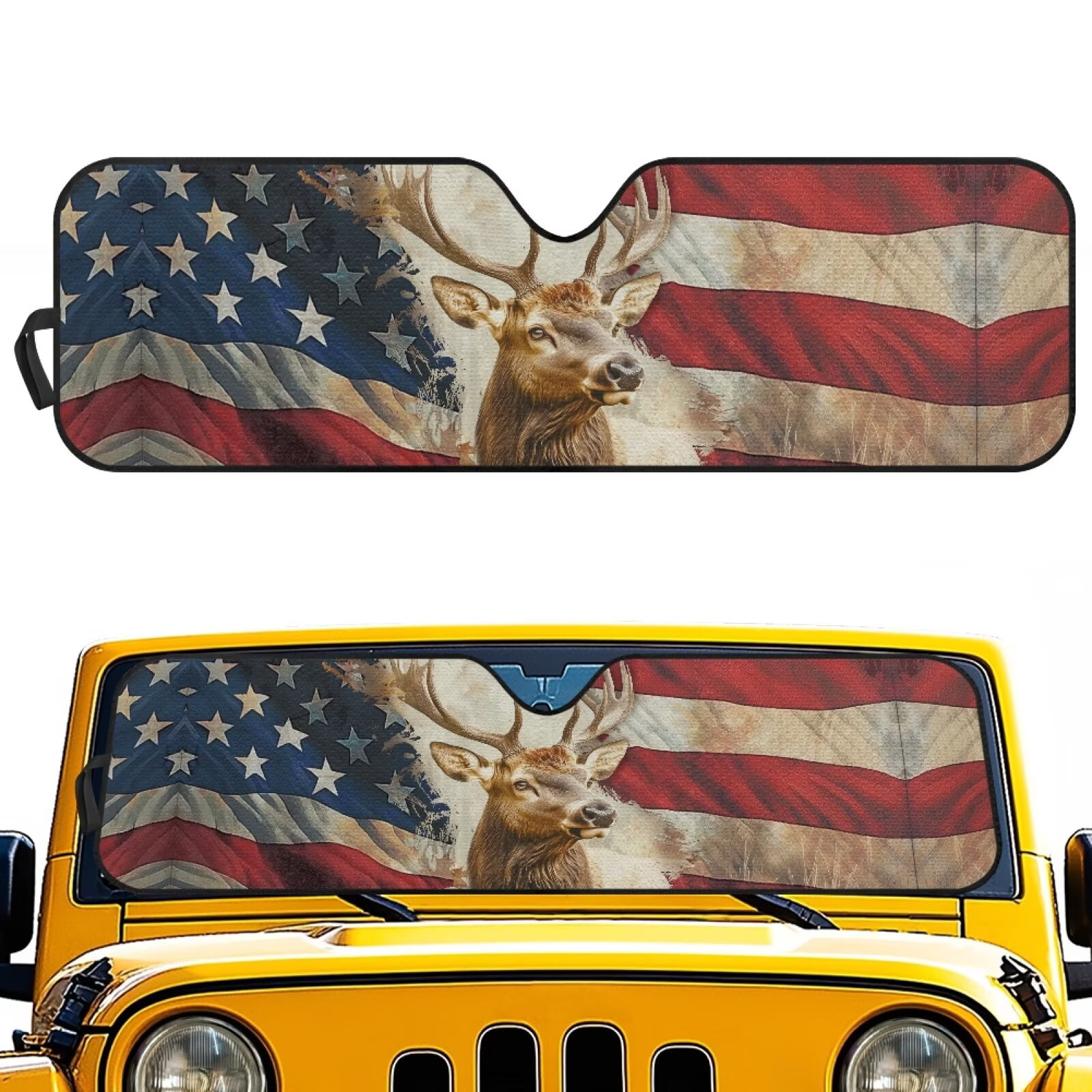 HUIAOCNG American Flag Deer Windshield Sunshades Sun Visor for UV Rays & Heat Protection, Suitable for Wrangler, Compass, Gladiator & Renegade , Accessories for Jeep Wrangler, X-Small - 60x21 inches