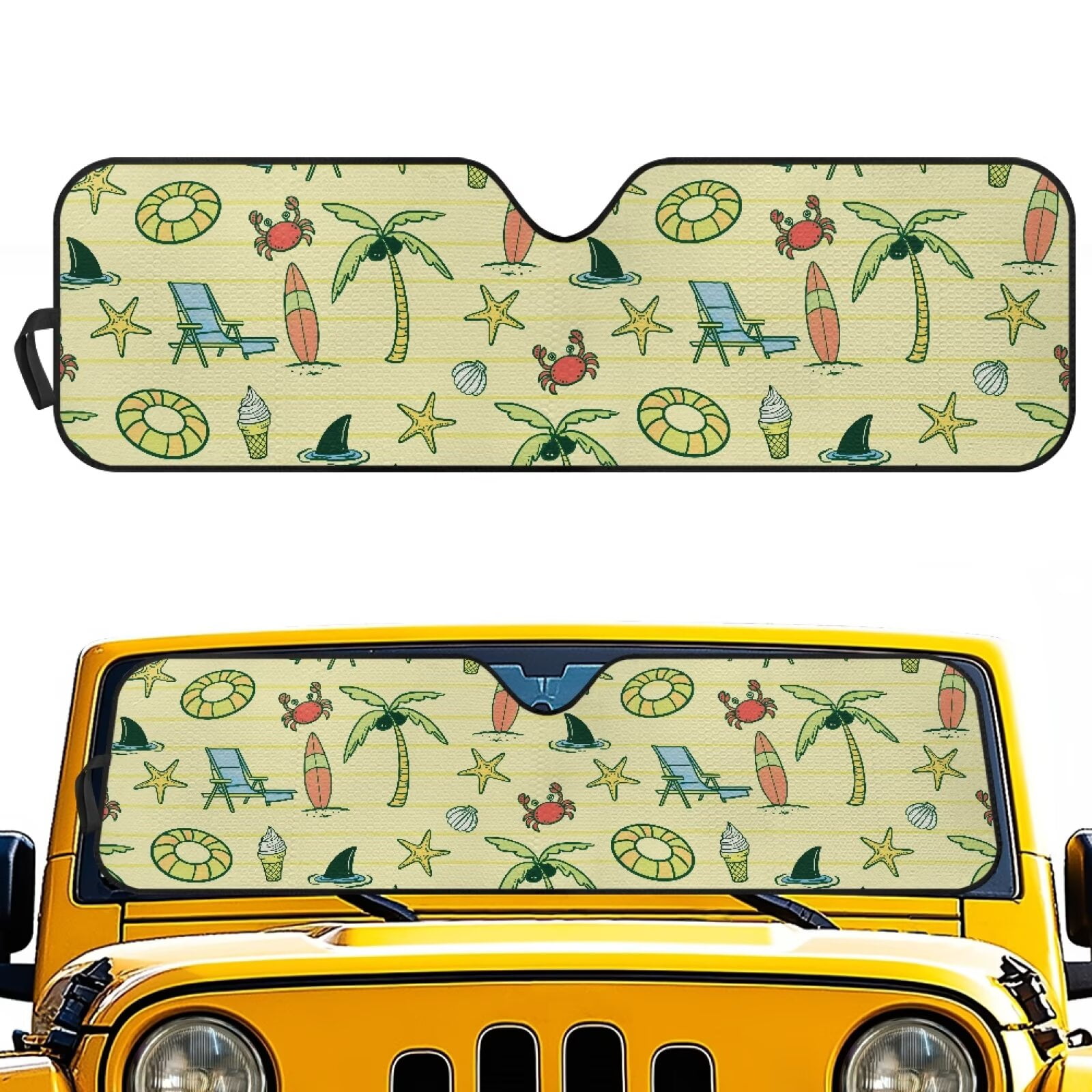 HUIAOCNG Beach Pattern Windshield Sun Shade,American Flag Car Sun Shade for Rubicon Sahara TJ JK JKU 2 Door & 4 Door, UV Rays Blocker Sun Visor Shade Keep Vehicle Cool,Black