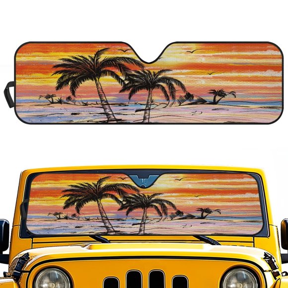 HUIAOCNG Coconut Tree Island Windshield Sun Shade Compatible with Wrangler JK JKU TJ 1997-2018, Foldable Windshield Sunshade Sun Visor Blocks UV Rays