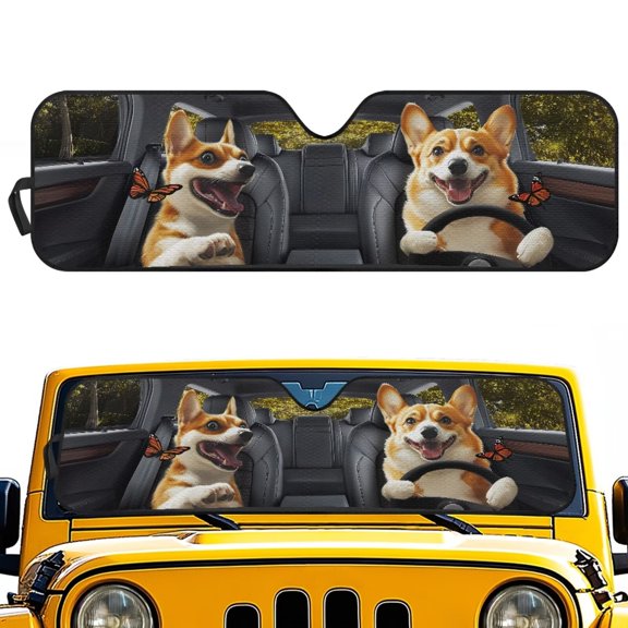 HUIAOCNG Cute Dog Windshield Sun Shades for 1997-2018 Jeep Wrangler TJ JK JKU, Sunshades Heat Shield, Aluminum Foil Triple Laminate Structure, Silver