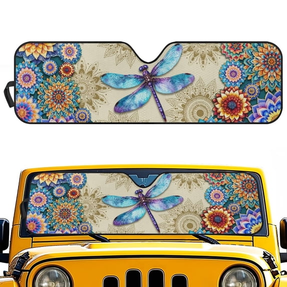 HUIAOCNG Dragonfly Mandala Windshield Sun Shade for 2018-2025 Jeep Wrangler JL JLU & 2020-2025 Jeep Gladiator 310T Polyester Covered Foldable Front Sunshade, Blocks UV Rays and Heat, Outdoor Camping