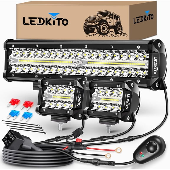HUICHENG 12 Inch LED Light Bar and 2PCS 4 Inch LED Pods Kit with Switch 3-Lead Wiring Harness, Triple Row Spot Flood Combo for Off Road UTV ATV Trucks Boat
