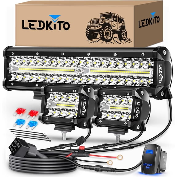 HUICHENG 12 Inch LED Light Bar and 2PCS 4 Inch LED Pods with Rocker Switch 3-Lead Wiring Harness, Triple Row Spot Flood Combo for UTV Truck Tractor Boat