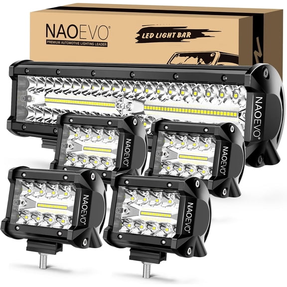 HUICHENG 12 Inch LED Light Bar and 4PCS 4 Inch LED Pod Lights, 54000LM Triple Row Spot Flood Combo Off Road Light Bar for Truck Car UTV ATV Boat, 1 Year Warranty