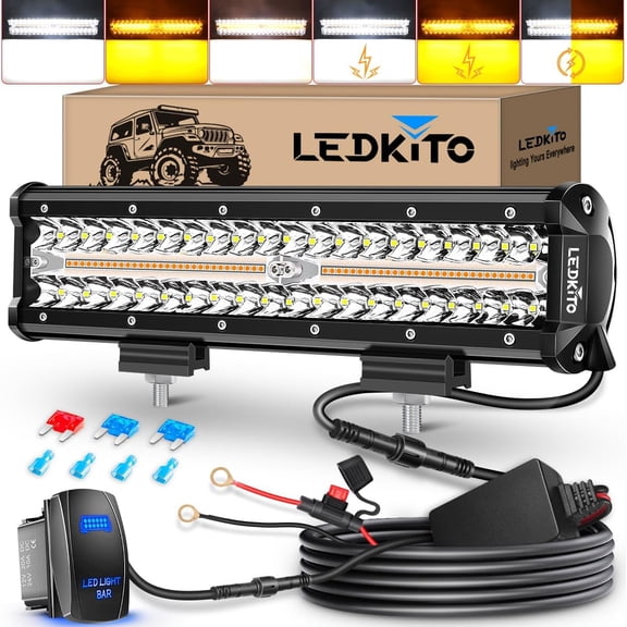 HUICHENG 12 Inch LED Light Bar Kit, Amber White 6 Modes Strobe, Dual Color Spot Flood Combo with Rocker Switch Wiring Harness, Off Road Emergency Light