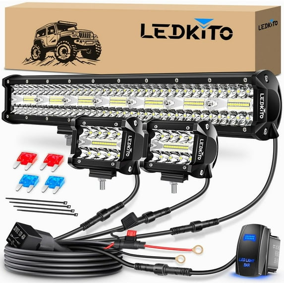 HUICHENG 20 Inch LED Light Bar and 2PCS 4 Inch LED Pods Kit with 3-Lead Wiring Harness and Rocker Switch, Triple Row Spot Flood Combo for Pickup UTV Truck Tractor Boat