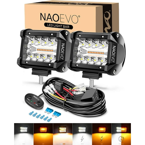 HUICHENG 4 Inch LED Pod Lights, White Amber Strobe/Memory Mode, 2-Lead Wiring Harness, Cube Pods for Truck Boat ATV UTV, 2 Pcs (6 Modes)
