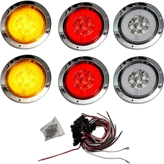 HUICHENG 6 Sets 4" Round Truck Trailer Stop Turn Tail Brake Light  12V, 30 LED  2 Red+2 White+2 Amber  Universal for RV, Trucks, Backup Reverse