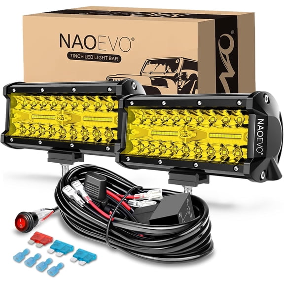 HUICHENG 7 Inch 240W 24,000LM Yellow LED Light Bar, Spot & Flood Offroad Fog/Driving Lights with 2 Leads Wiring Harness, for Truck Boat UTV ATV, 2-Pack (Yellow)